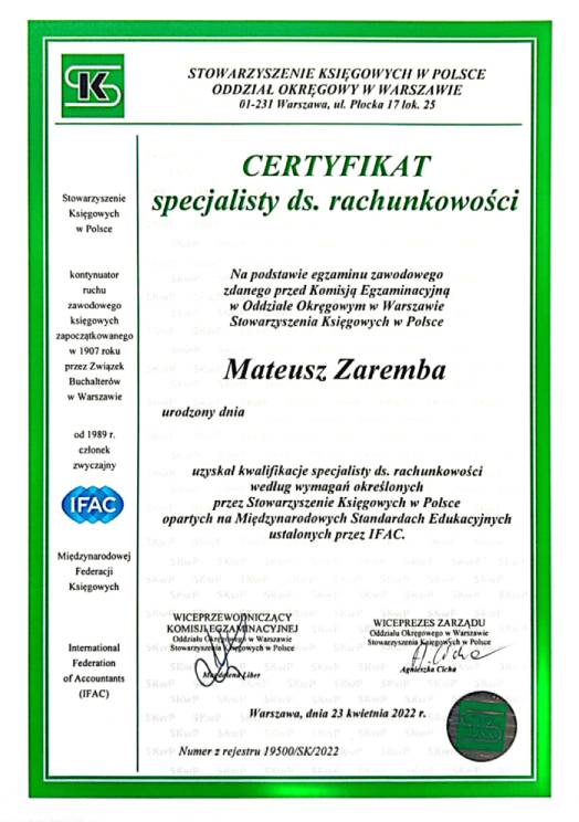 Mateusz Zaremba - certyfikat specjalisty ds. rachunkowości