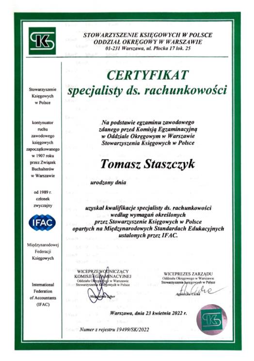 Tomasz Staszczyk - certyfikat specjalisty ds. rachunkowości